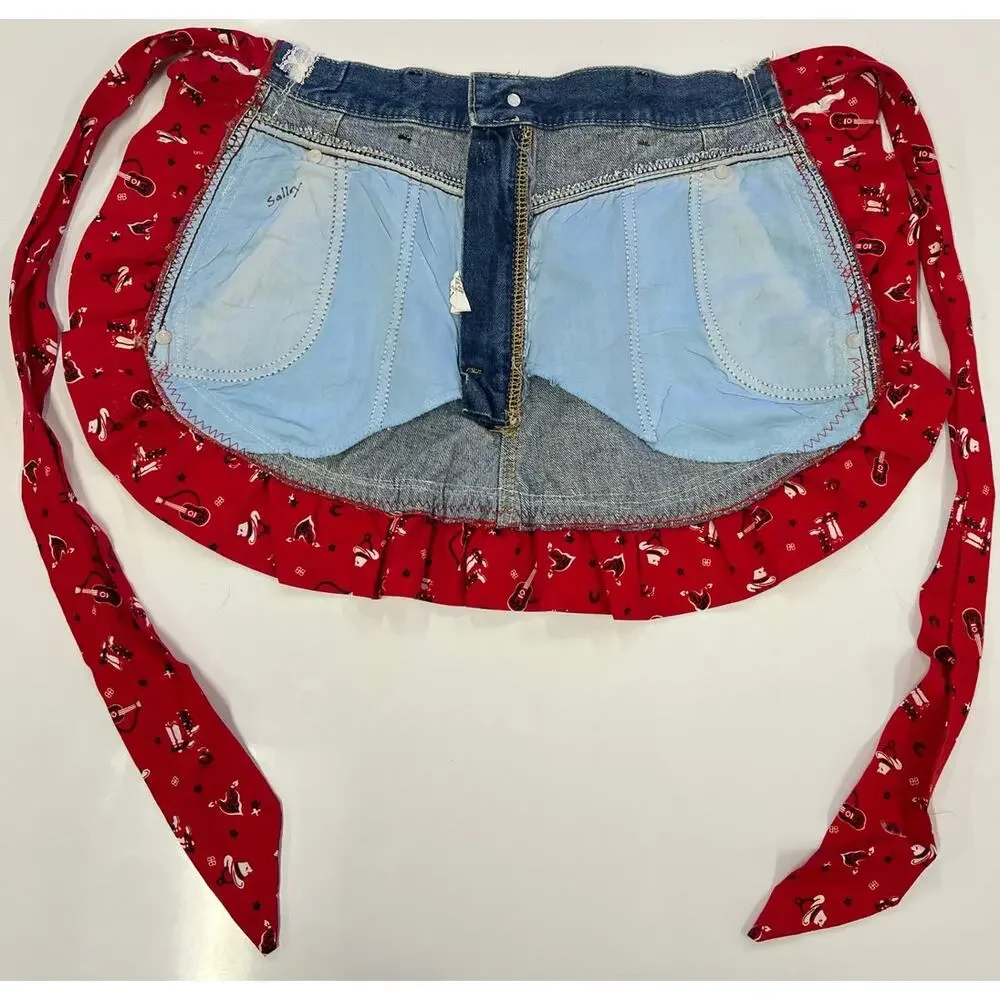 Vintage Homemade Apron Denim - Lace & Red Western Ruffle Waist one of a Kind - Picture 2 of 8